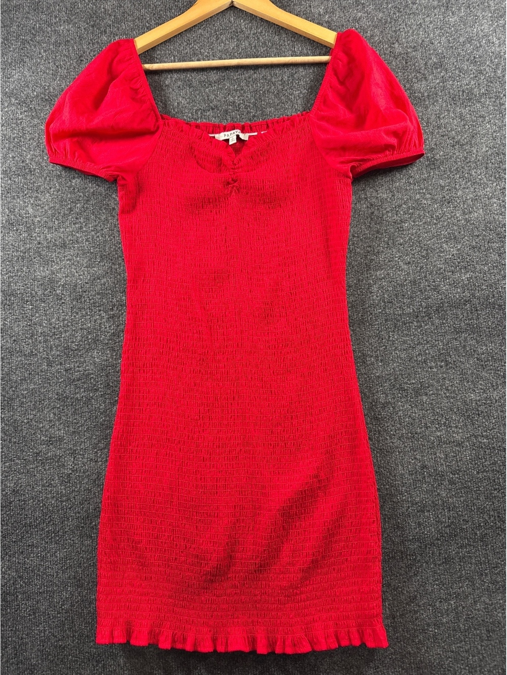 Papaya Womens L Red Smocked Bodycon Mini Dress Puff Sleeve Square Neck